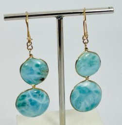 GOLD TONE WIRE WRAPPED LARIMAR DANGLE EARRINGS