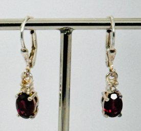 PRETTY STERLING SILVER GARNET AND WHITE GEMSTONE DANGLE EARRINGS