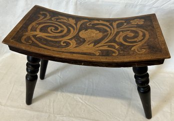 Antique Italian Carved Wood Stool With Marquetly Inlay