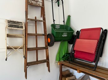 Two Ladders, Umbrella, Scott's Lawn Seeder, And Folding Lounge Chair