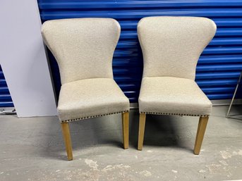 Pair Of Pale Taupe Diamond Pattern Side Chairs With Curved Backs & Nailhead Trim