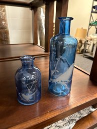 2 Blue Glass Decanters With Frosted Birds