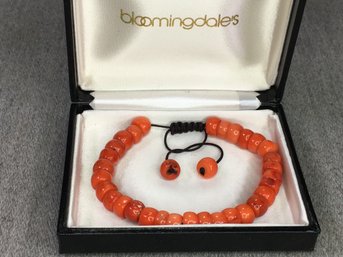 Fabulous Genuine Orange Coral Adjustable Bracelet With Mini Chunky Beads - Black Silk Cord - Very Pretty !