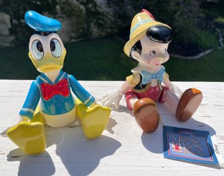 Vtg 1979 Schmid Porcelain Donald Duck & Pinnochio Posable Music Box Figurines