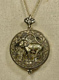 Silver Tone Elephant Locket Having Glass Backing Necklace W Chain