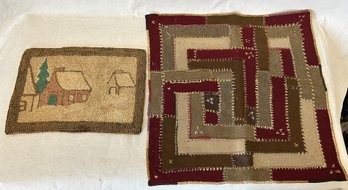 Pair Of Early Antique Primitives- Circa 1840 Hooked Rug And 19th Century Open-stitched Mat