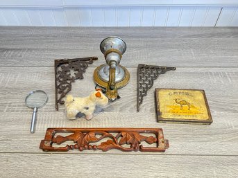 Lot Of Antiques Including Metal Sconce, Cast Iron Shelf Brackets, Wood Piece, And More