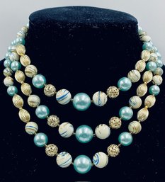 Vintage Triple Strand Goldtone & Ice Blue Bead Necklace