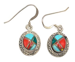 Beautiful Vintage Sterling Silver Turquoise Coral Inlay Stone Dangle Earrings