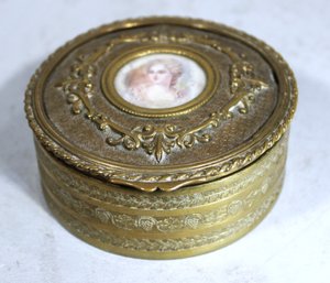 Antique French Round Dresser Box Having Miniature Portrait Of Young Woman