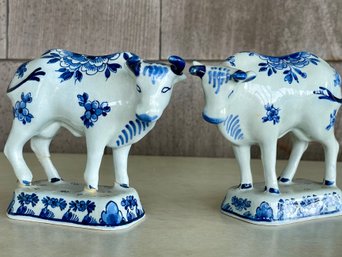 Pair Of 1950s Royal Delft Hand Painted Porcelain Cow Figurines,  Made In Holland With Makers Mark