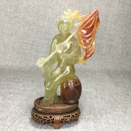 (1 Of 2) Vintage / Antique Chinese Jade Hand Carved Figurine On Hand Carved Wooden Base - Fine Details