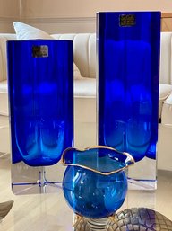 Cobalt Blue Block Crystal Vases And Footed Bowl