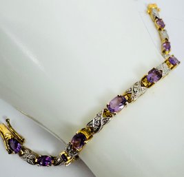 VINTAGE AMETHYST AND DIAMOND GOLD OVER STERLING SILVER TWO TONE LINK BRACELET