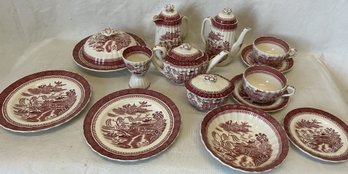 SPODE COPELAND PINK WILLOW 'MANDARIN' TRANSFERWARE DINNER SERVICE- Partial Set Including Serving Pieces