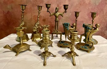 Lof Of Assorted Vintage Brass Candle Holders