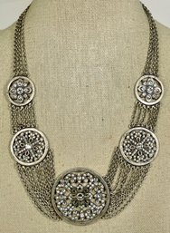 Signed TC Silver Tone White Rhinestone Multi Chain Necklace