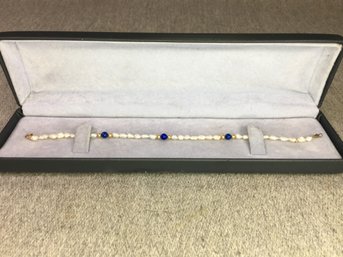 Lovely Vintage Fresh Water Pearl, Lapis Lazuli And 14K Gold & Clasp Bracelet - Very Pretty - Very Delicate !