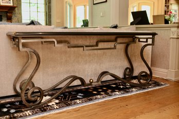 Absolute Black Granite Large Scrolled Brush Steel Console Table $2790