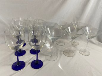 6 Cobalt Blue Stem Wine Glasses And 6 Clear Martini Glasses No Chips