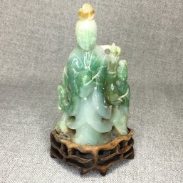 (2 Of 2) Vintage / Antique Chinese Jade Hand Carved Figurine On Hand Carved Wooden Base - Fine Details