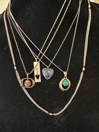 Five Vintage Pendent Necklaces - Two With Sterling Chains.