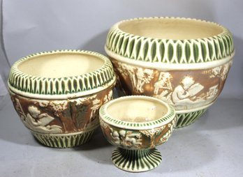 Lot Of Three Vintage Roseville 'donatello' Pattern Jardinieres And Footed Bowl