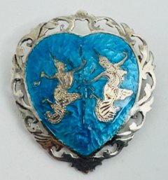 BLUE ENAMELED STERLING SILVER HEART BROOCH SIAM