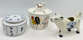 Vintage Delft Cow Shaped Creamer From Holland, Block Spal Sugar Bowl & Cow Covered Sugar Bowl