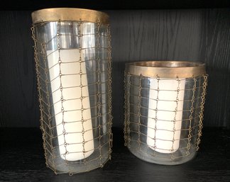 Pair Large Glass Coastal Style Hurricanes With Brass Mesh Overlay