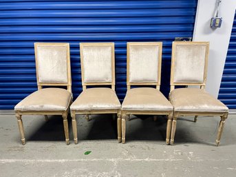 Four Dining Chairs With Creamy Silver Upholstery & Blonde Wood Frames