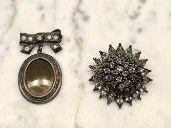 Sterling Oval Portrait Pin & Encrusted Sunflower Brooch
