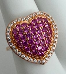 LARGE ROSE GOLD OVER STERLING SLVER SIMULATED PINK AND WHITE SAPPHIRE HEART RING