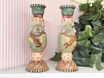 A Pair Of Carved Wood Tole Painted Candle Sticks