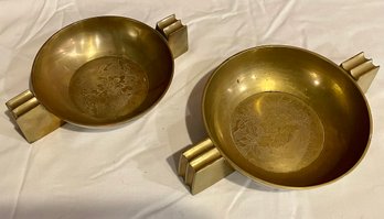 Pair Of Asian Etched Brass Ashtrays