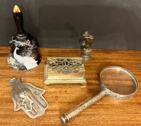 Lot Of Vintage Items, Peacock Enamel Bell, Brass Box, Magnifying Glass, Brass Boy Figurine And Hamsa