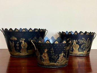 3 Piece Serried Tole Hand-Painted Metal Cachepot Nesting Buckets - Made In India