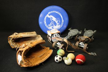 Mixed Vintage Sports Lot With Skates, Louisville Slugger & Rawlings Gloves, Frisbee And More