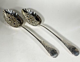 Pair English Silver Plate Berry Spoons Repousse Bowls Engraved Handles