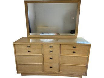 1950s Century Furniture MCM Blonde Wood 9-Drawer Dresser With Mirror