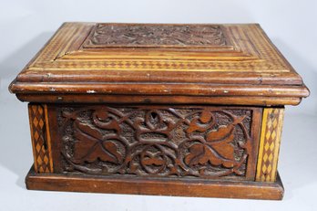 Antique Tramp Art Wood Table Box Having Carved Ivy Leaf Panels