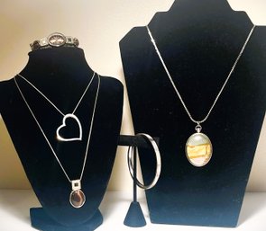 Napier Oval Stone Pendant & Necklace, Inlay Bangle Bracelet, Silver-tone Heart Necklace, Watch & Necklace Set