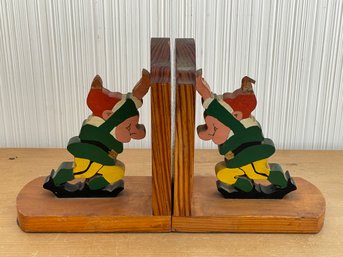 2 Painted Wooden Dwarf Or Gnome Bookends