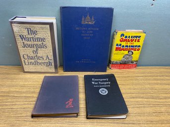 (5) Military Books. Britains Homage To 28,000 American Dead, Wartime Journals Charles A. Lindbergh, Sad Sack.