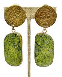 Pair Fine Couture Designer Clip Earrings Ancient Coins & Green Stone