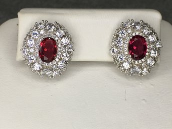 Fabulous 925 / Sterling Silver Earrings With Garnet And Sparkling White Zircons - Very Pretty Pair !