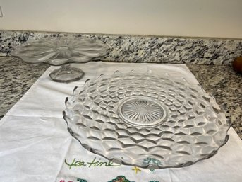 Clear Glass Cake Stand & Fostoria Platter