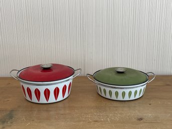 Lot Of 2 Vintage Cathrineholm Red And Green Lotus Dutch Oven With Handles