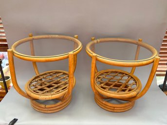 Pair Of Rattan Side Tables With Glass Tops