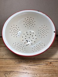 Cream And Red Enamel Colander Vintage Farmhouse Decor County Kitchen